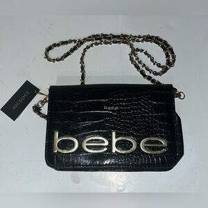 Bebe Fabiola Stamped Crocodile Crossbody Mini Handbag Black Gold MSRP $69​